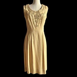 1950s Embroidered Beaded Sleeveless Linen Sheath Dress